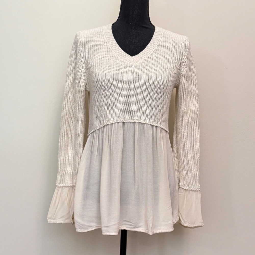 Altar'd State Cream Knit Babydoll Sweater Tunic Top Women S Coquette Bell Sleeve